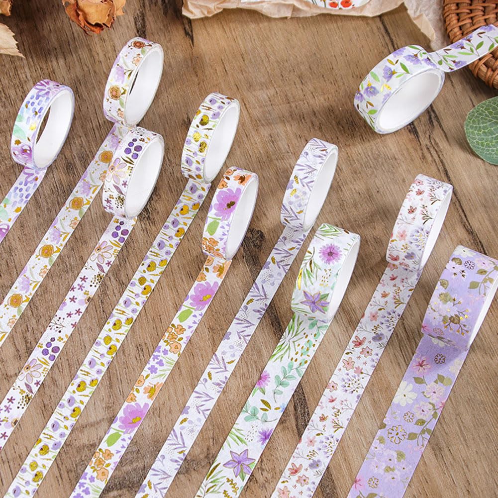 MAFELOE 2 Meters Long 12 Rolls Washi Tape Set, Decorative Adhesive Supplies for Scrapbook Journaling Junk Bullet Art Collage-Floral Print Series-Purple (HZ-3Y-SHMJ-01)
