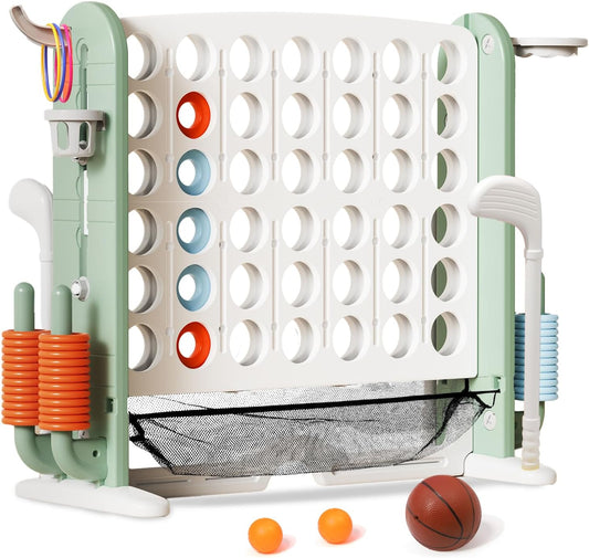 Ancaixin Giant 4 in-A-Row Connect Game Set, Adjustable Height Jumbo Yard Game with Basketball Hoop, Golf, Mesh Pocket & Ring Toss, Indoor Outdoor Family Backyard Party Game for Kids and Adults, White
