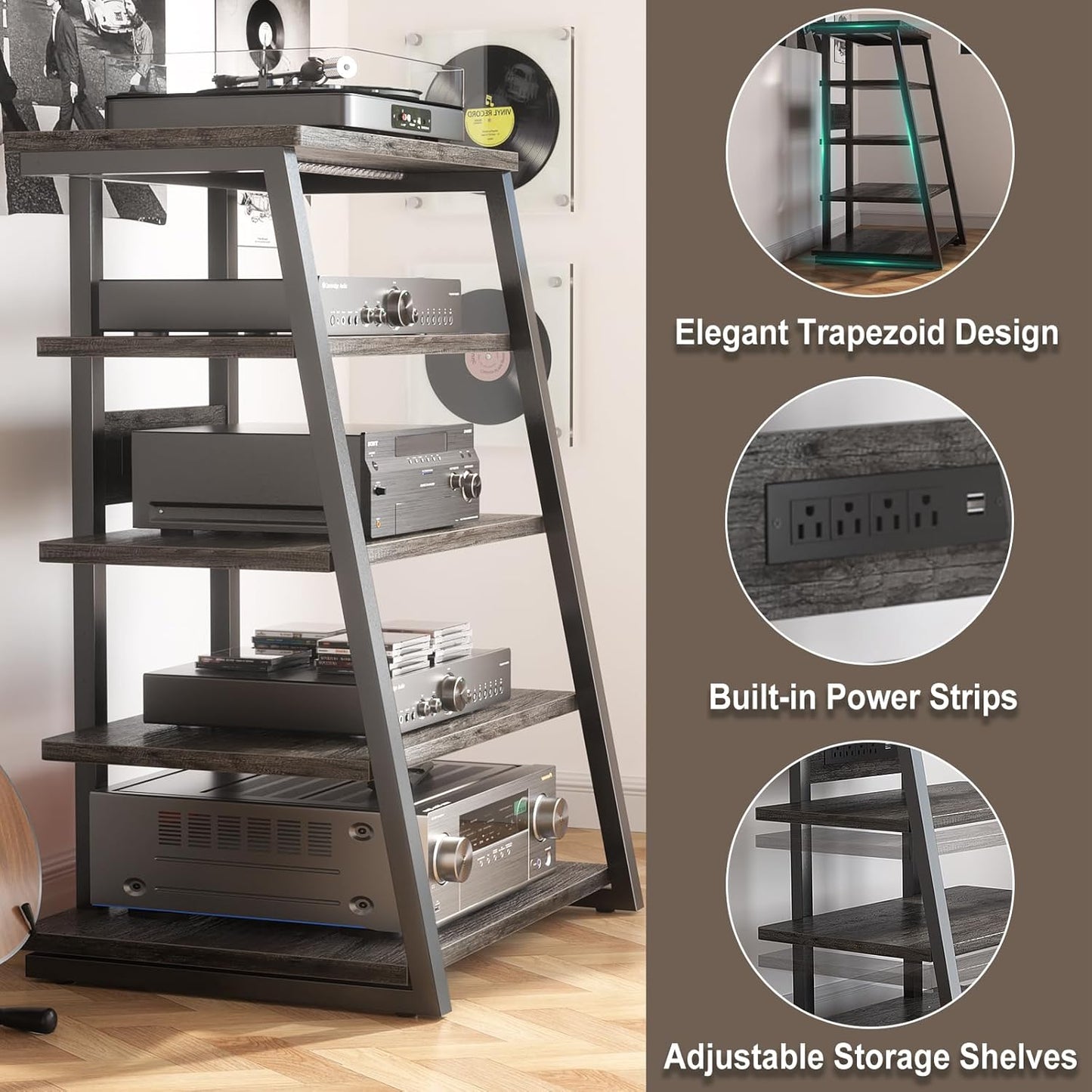 Armocity 5-Tier AV Media Stand with Power Strips, Media Console with LED Lights, Audio Tower Rack with Adjustable Shelves, Stereo Stands and Racks, 40.8'', Grey Oak