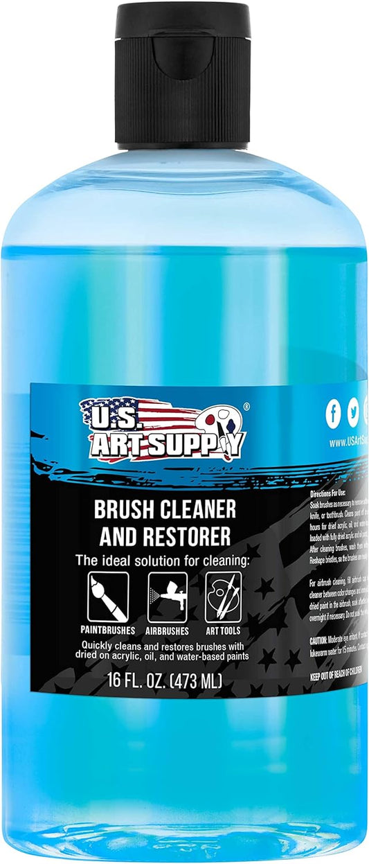 U.S. Art Supply Brush Cleaner and Restorer, 16 Ounce Bottle - Quickly Cleans Paint Brushes, Airbrushes, Art Tools - Cleaning Solution to Remove Dried On Acrylic, Oil and Water-Based Paint Colors