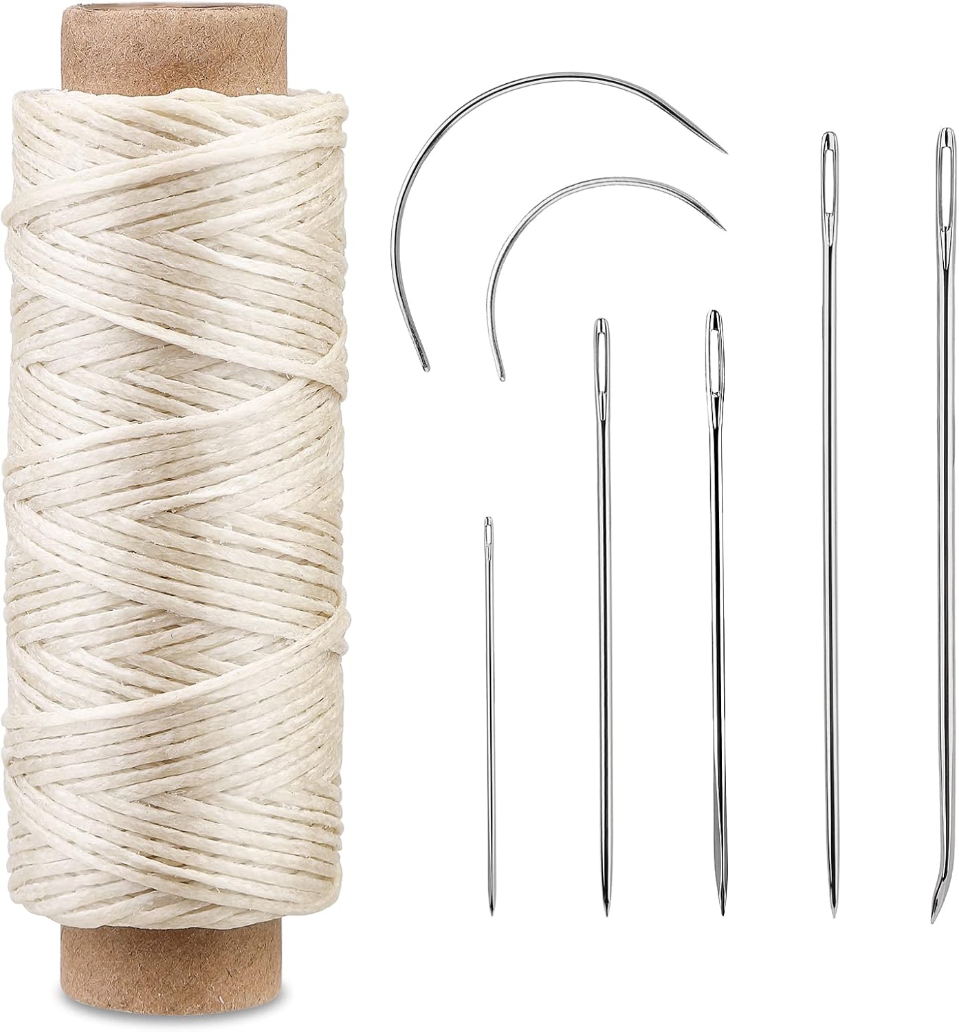 Ftyiwu Waxed Thread, Upholstery Needle and Thread 55 Yards 150D Flat Leather Sewing with 7PCS Hand Sewing Needles for Home Upholstery Carpet Canvas Repair Leather Sewing (Beige)