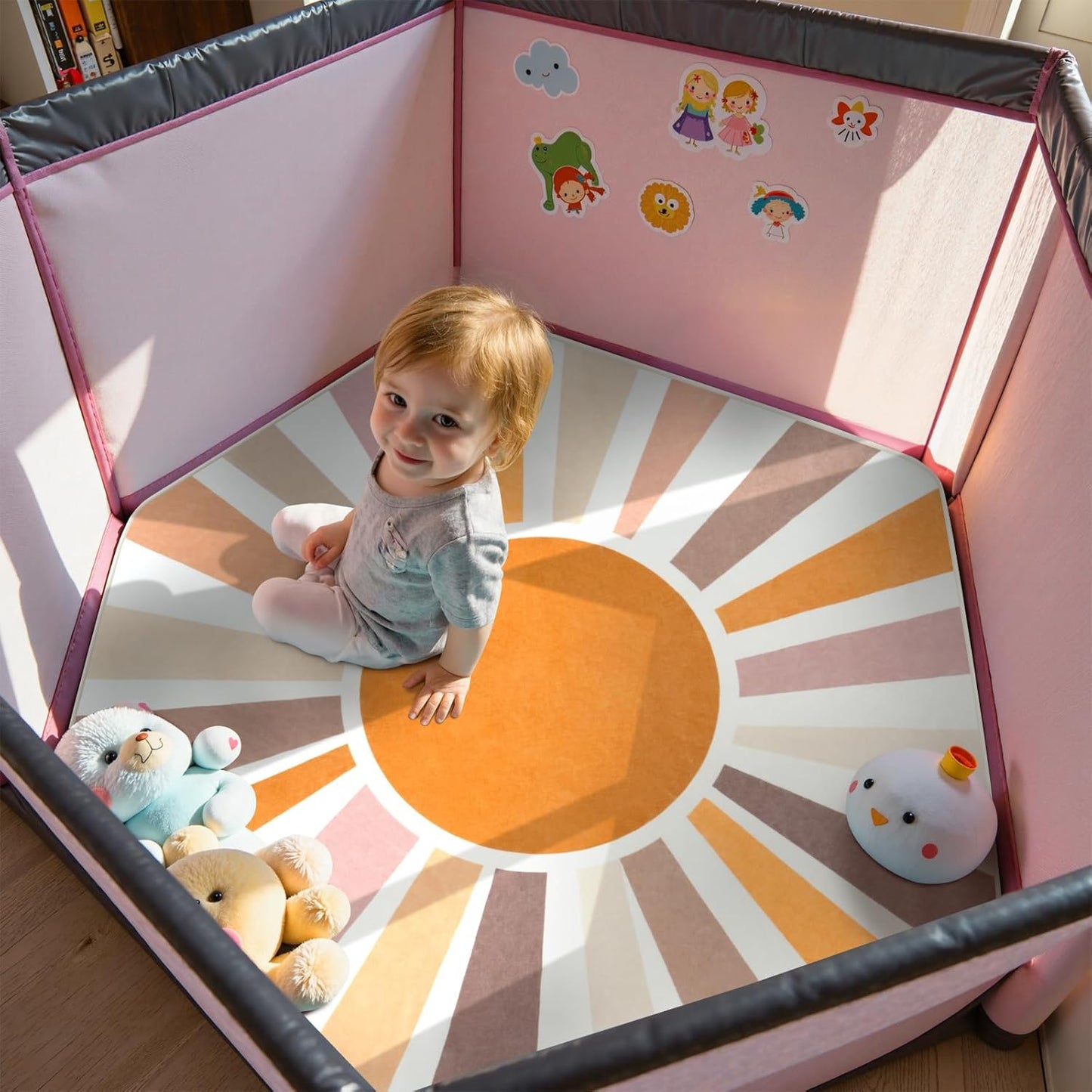 STARUIA Boho Washable Hexagon Rainbow Nursery Rug for Princess Tent Kids Play Castle, 4.6ft Colorful Sun for Kids Play Room, Ultra Soft Carpet for Girls Boys Room Playhouse Classroom Dorm Home Decor