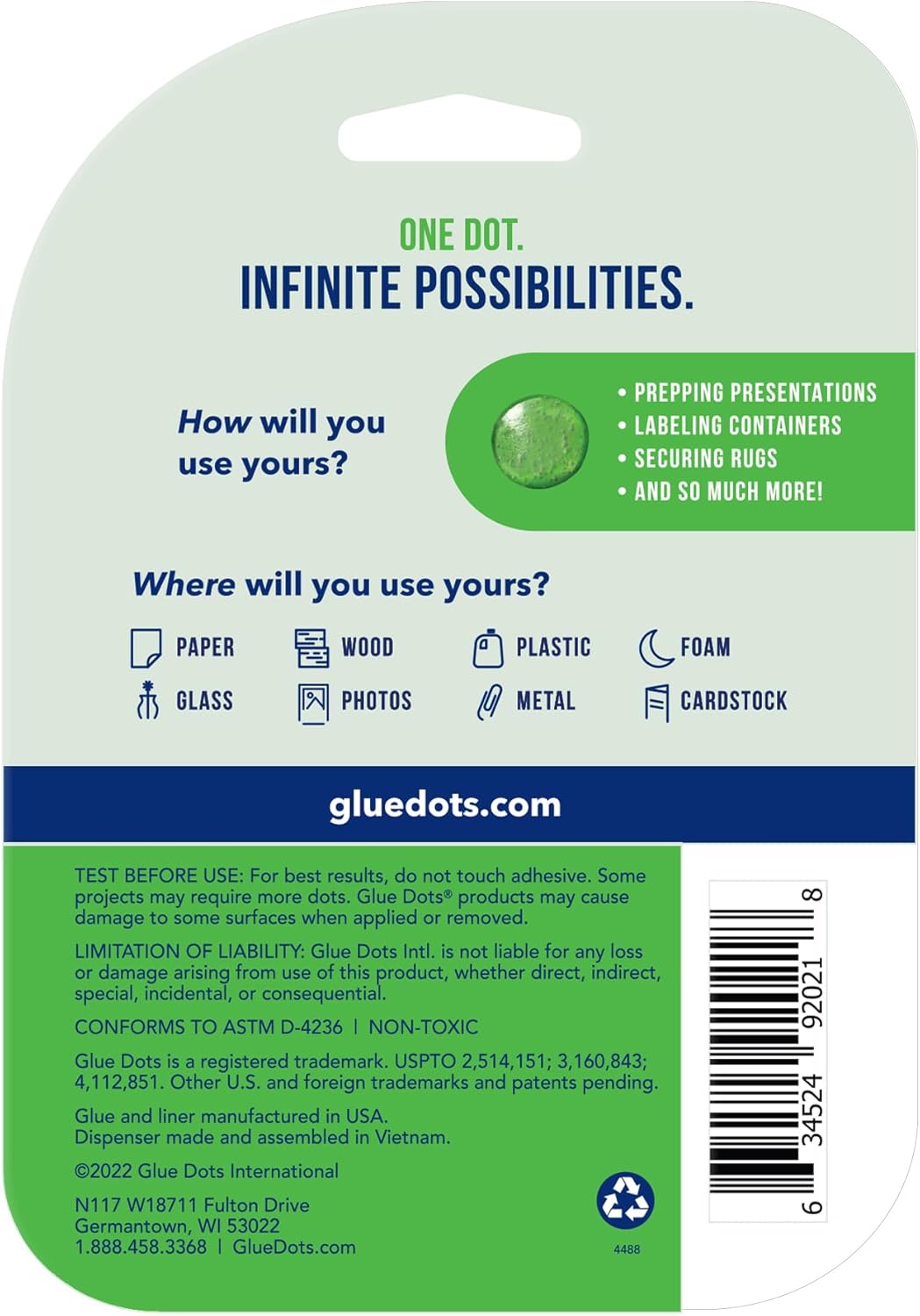 Glue Dots, Dispenser for everyday uses, 6-pack, 750 total dots, 3/8", .375 Inches, Movable, Repositionable, Multi-Functional, Label Containers, Glue Stick and Tape Alternative, Clear