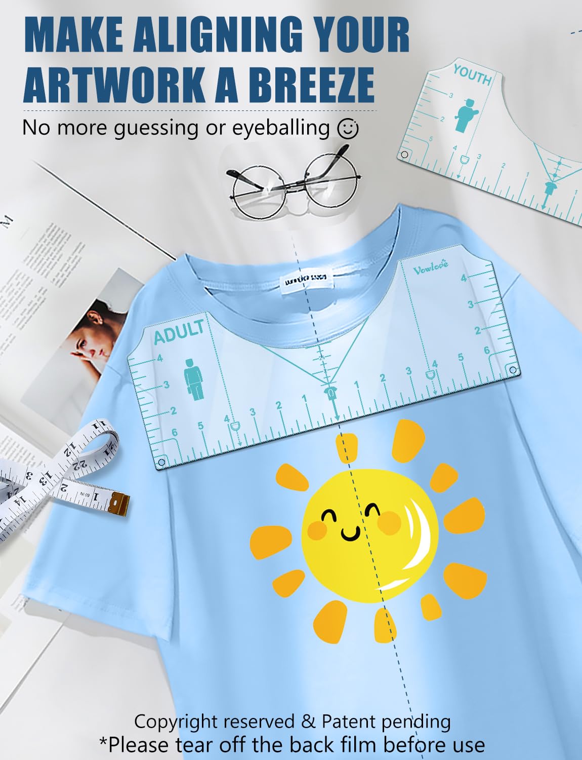 Vowlove T-Shirt Ruler Guide Alignment Tool to Center Designs, All Size Tshirt Measurement Tool for Heat Press Accessories, Left Chest Logo, DTF, Sublimation Blanks, Heat Transfer Vinyl HTV