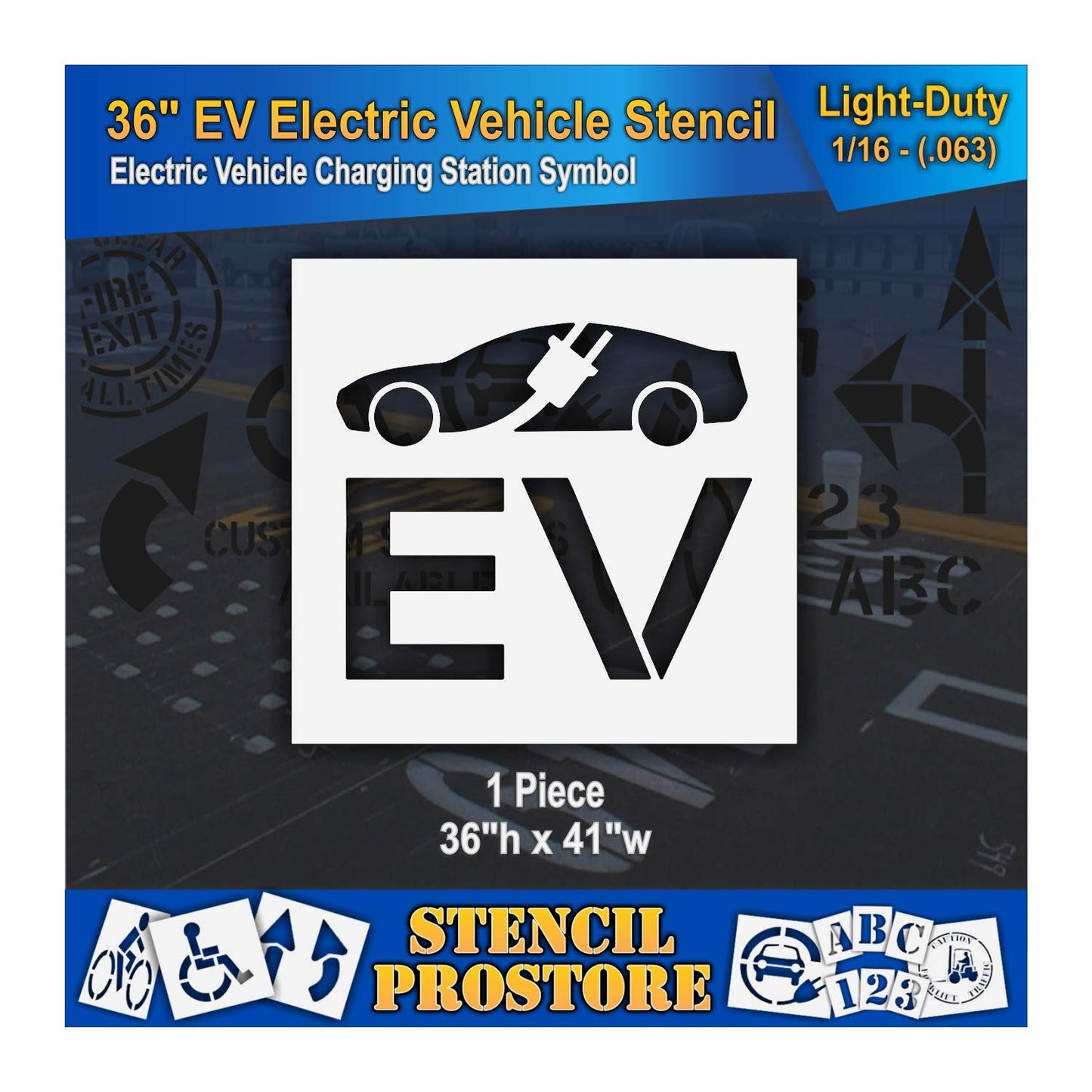 Pavement Stencils - 36 in - Electric Vehicle Silhouette with Plug and EV Letters - 35'' x 41'' x 1/16" (63 mil) - Light-Duty