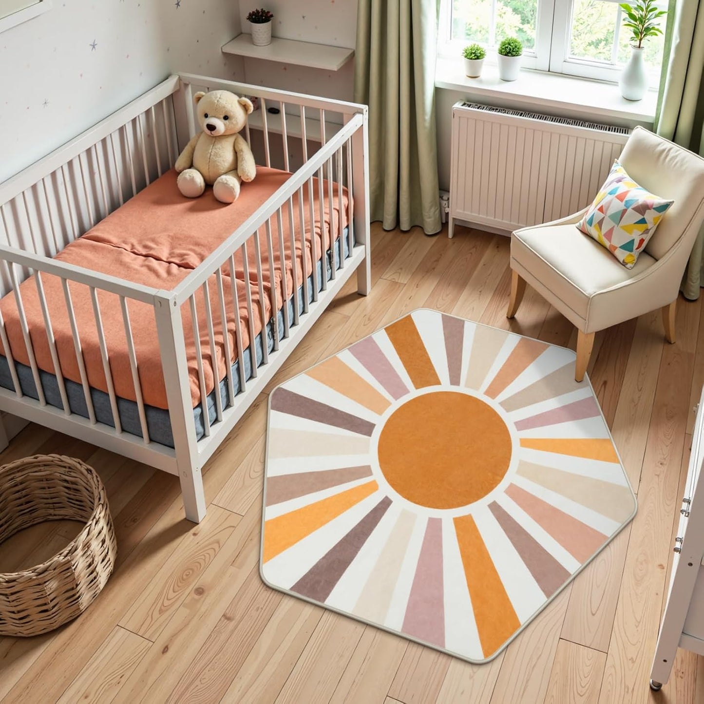 STARUIA Boho Washable Hexagon Rainbow Nursery Rug for Princess Tent Kids Play Castle, 4.6ft Colorful Sun for Kids Play Room, Ultra Soft Carpet for Girls Boys Room Playhouse Classroom Dorm Home Decor