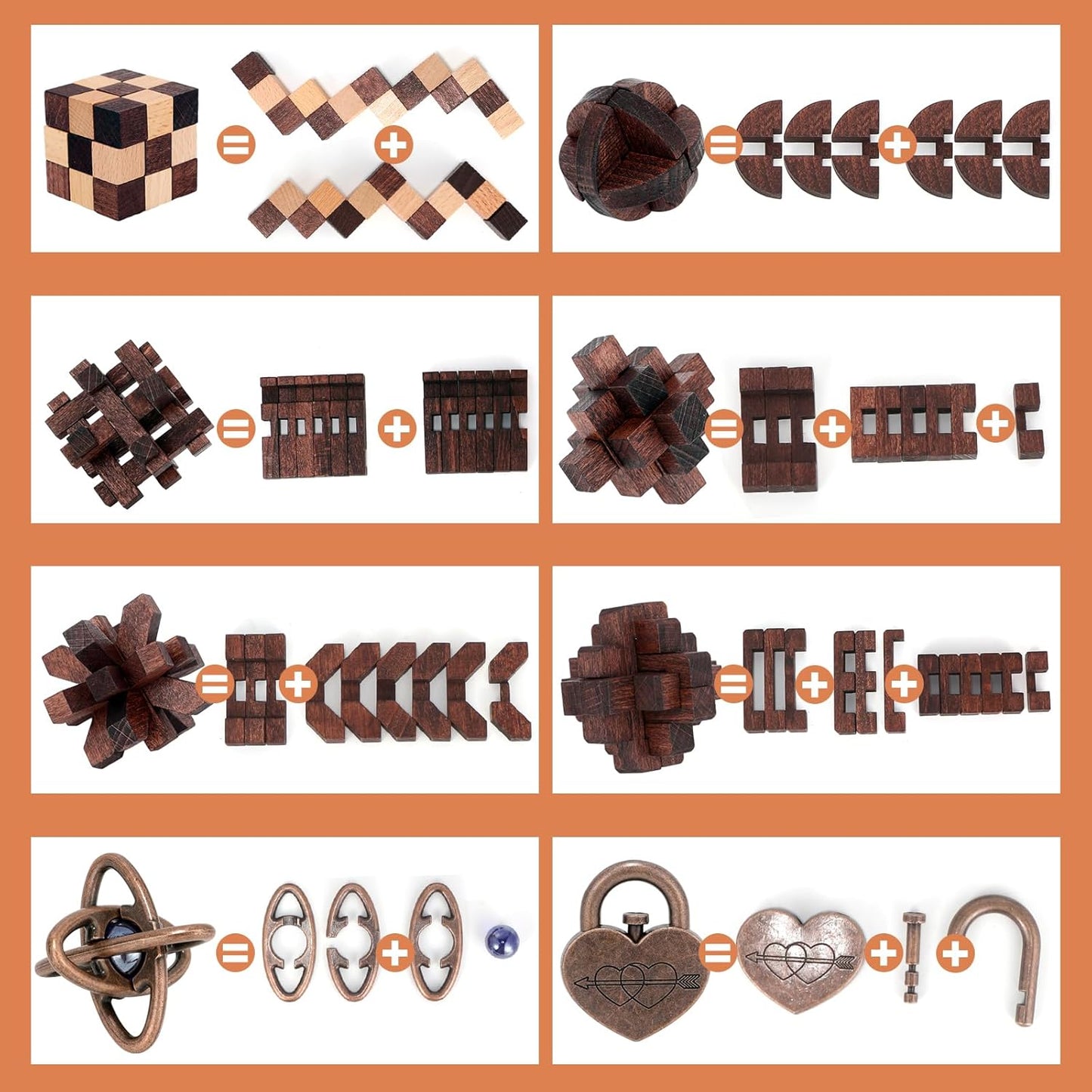 8 Pcs Brain Teaser Puzzles for Adults Teens - Metal Puzzles 3D Puzzle Game Toys for Adults Teens - Wooden Unlock Interlocking Puzzle Adult IQ Education Smart Toys