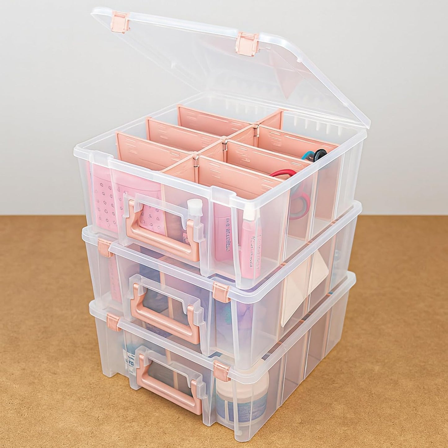 ArtBin 6990RK-AMZ Super Satchel Double Deep Compartment Box - Art Storage with 8 Removable Compartments, Smart Closure for Craft Supplies (Rose Gold - Pack of 3)