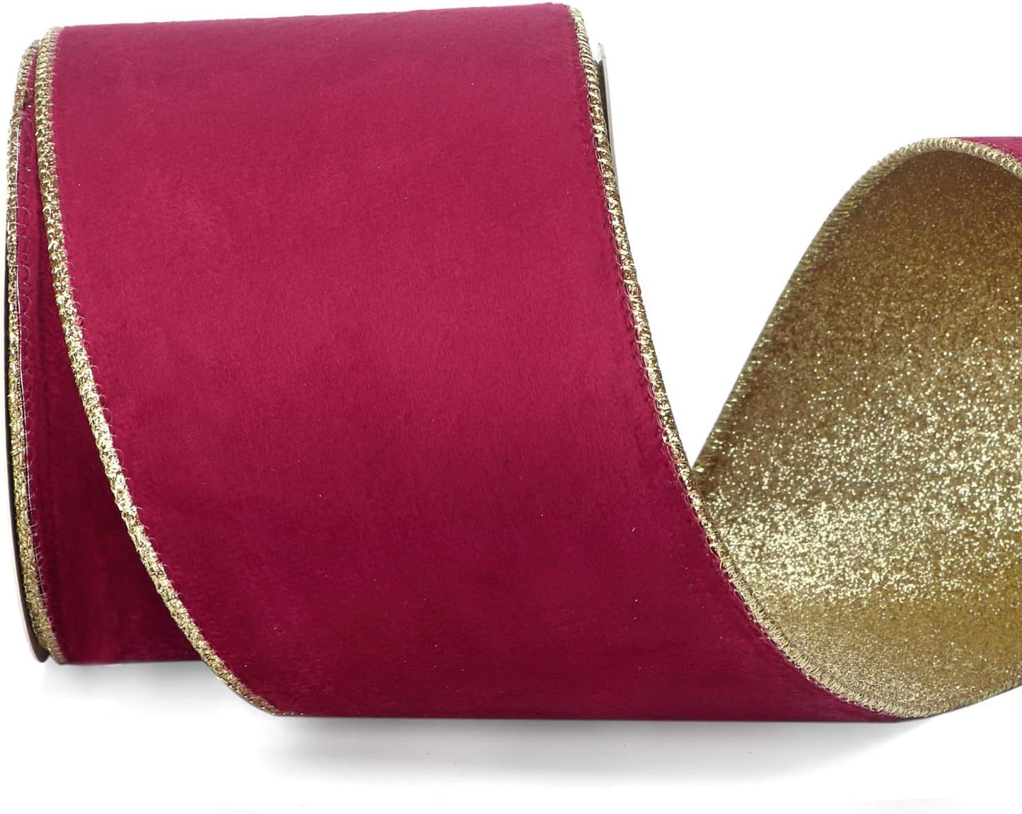 Ribbli Burgundy Velvet Wired Ribbon 4 Inch Burgundy Velvet with Gold Glitter Christmas Ribbon for Christmas Tree Decoration Big Bow Gift Wrapping Crafts Wreaths Supplies- 10 Yards