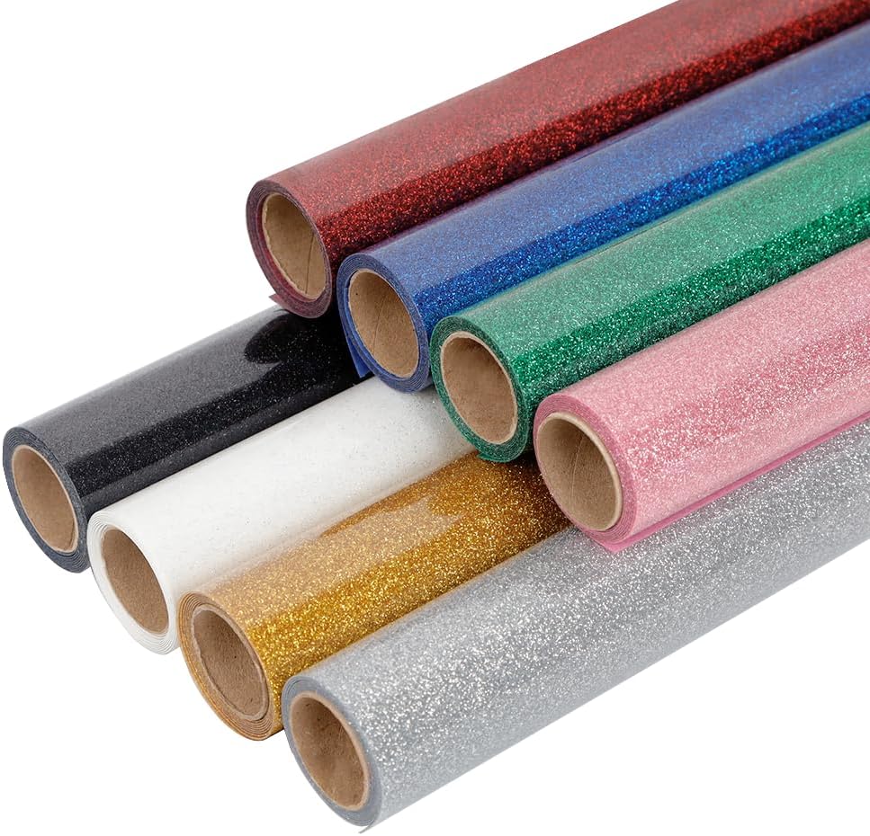 FUNKAKA Glitter Heat Transfer HTV Vinyl Bundle, 8 Rolls 12" x 3ft Iron On Vinyl for T-Shirt 8 Assorted Colors Glitter HTV Vinyl for All Cutter Machines Easy to Cut