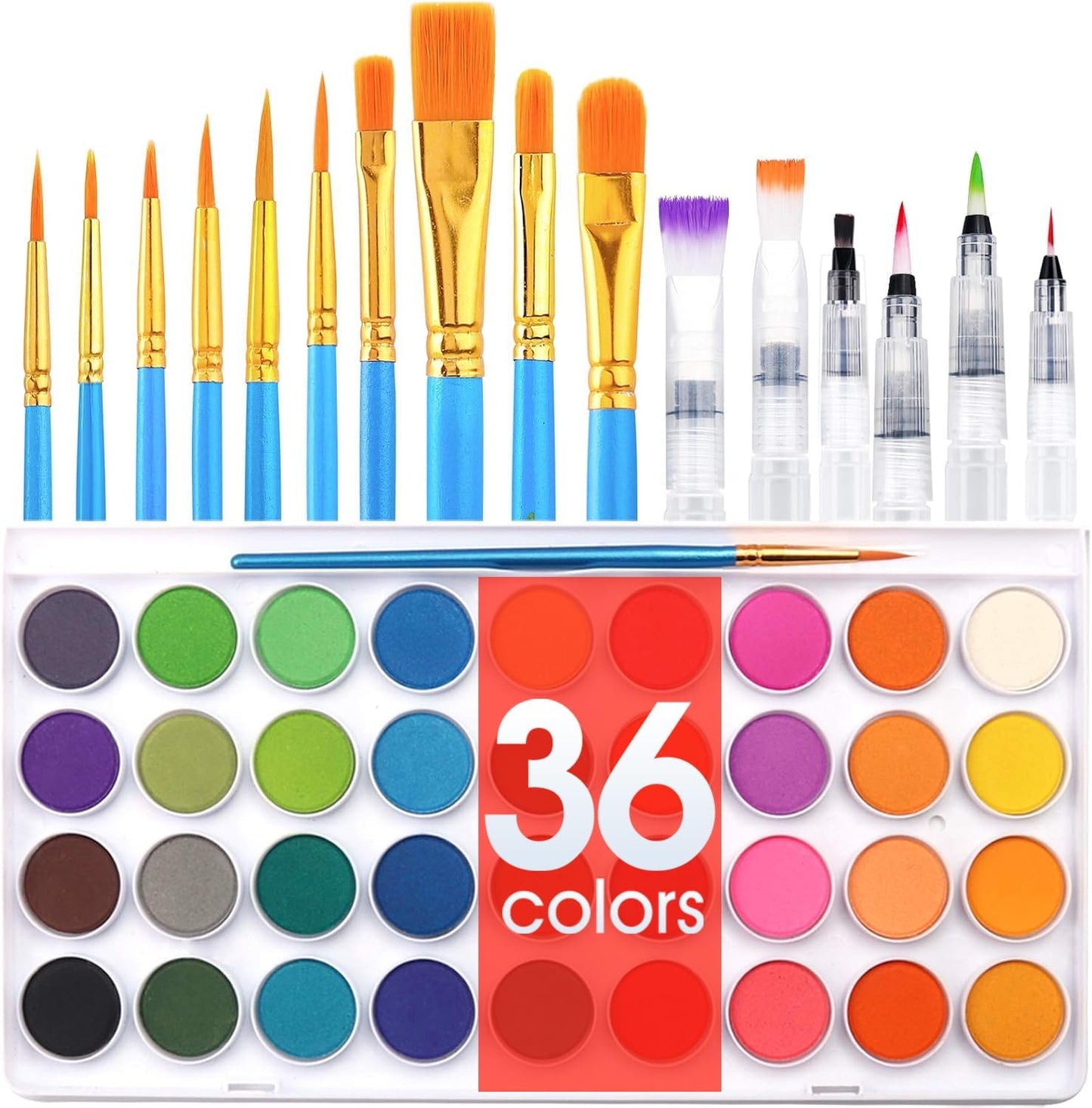 AROIC 36 Colors Watercolor Paint Set, Watercolor Pan Set with 10 Nylon Brushes and 6 Refillable Water Brushes. Perfect for Adults, Children and Beginner Artists.