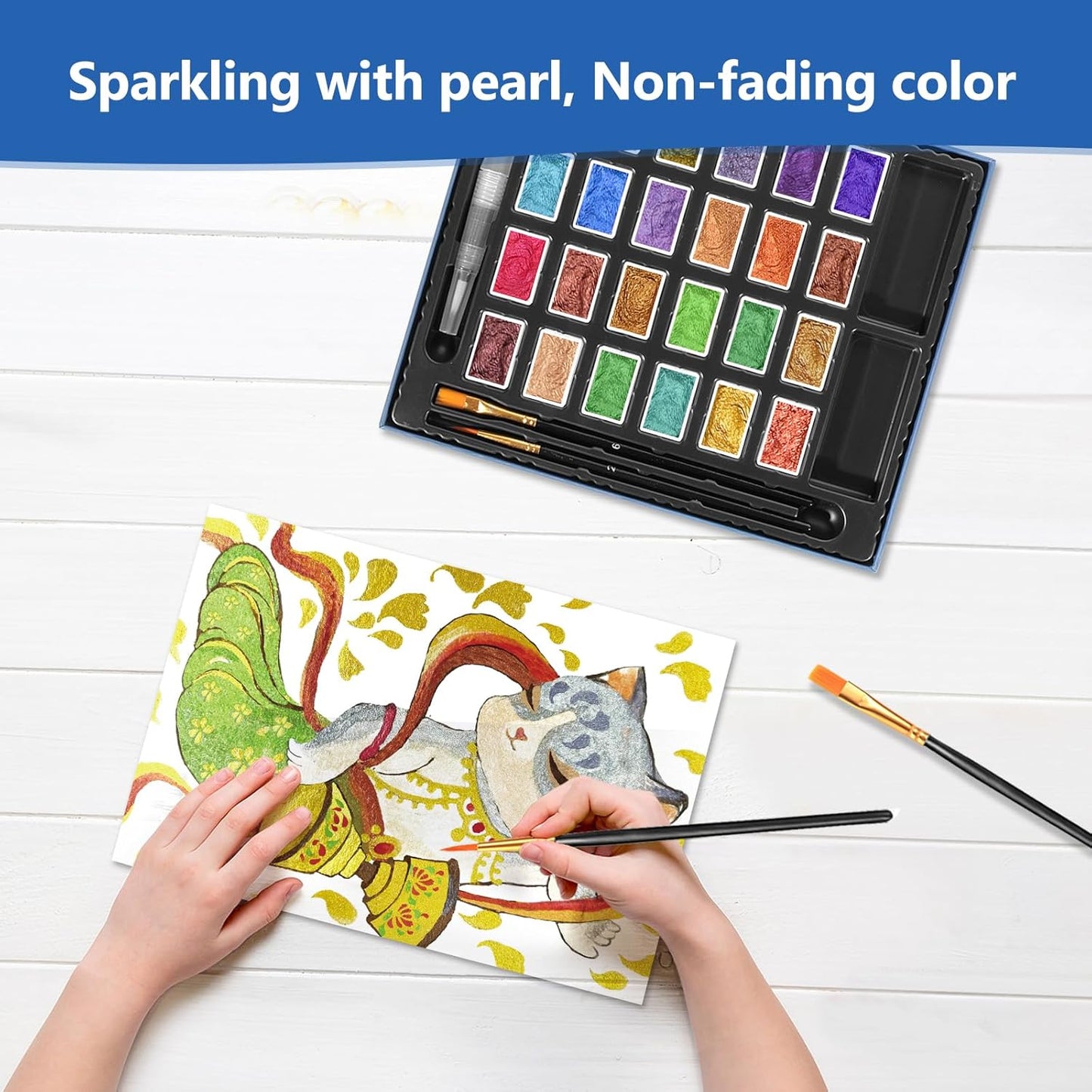 3ml Glitter Watercolor Paint Set with Paper, 24 Colors Shimmer Metallic Watercolour Painting Sets, Solid Pearl Water Color Paints for Adult, Kids, DunHuang Style (DunHuang 24Colors-L)