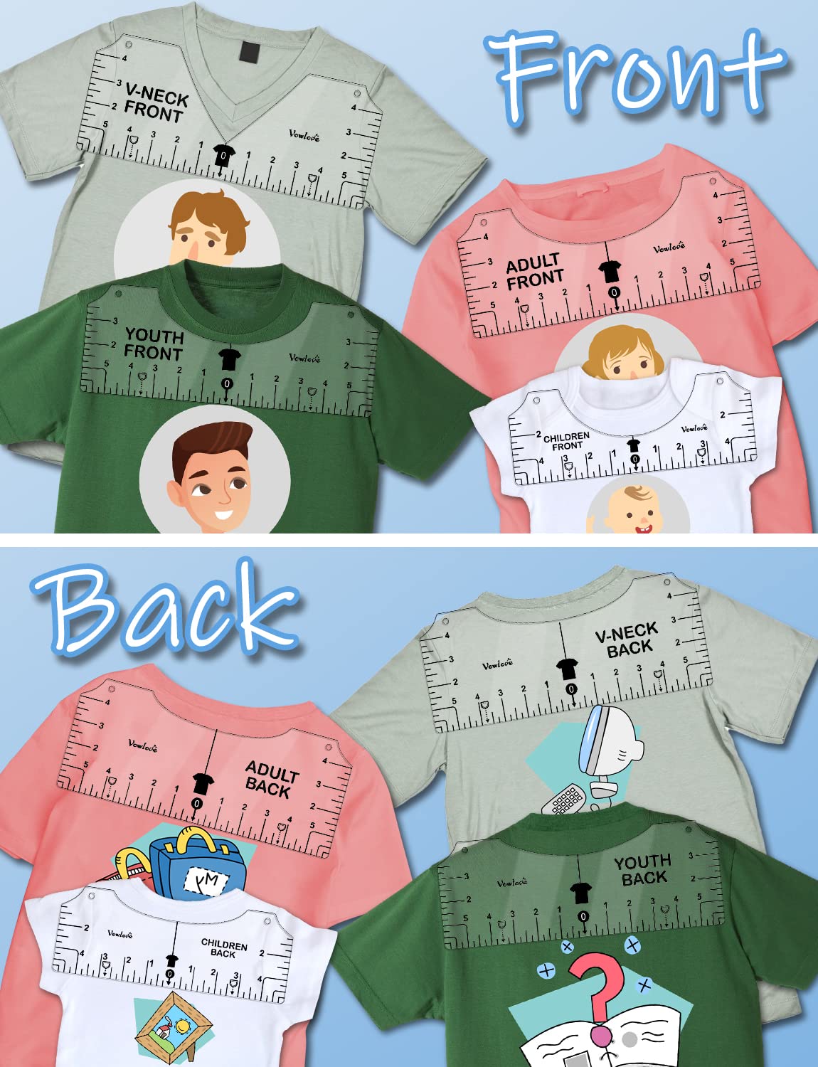 Vowlove Tshirt Ruler Guide Vinyl Alignment - T Shirt Measure Ruler Guide Shirt Measurement Centering Tool Heat Press Screen Printing Embroidery Accessories Sublimation Blanks Product V-Neck Front Back