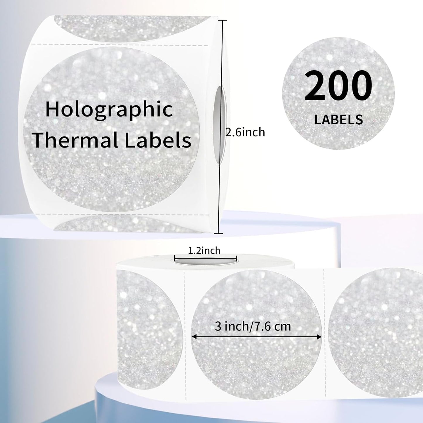 3" Holographic Direct Thermal Label Stickers, Round Printable Rainbow Glitter Thermal Printer Sticker Labels for Gift Wrapping, Self-Adhesive DIY Custom Logo Design- Shiny Silver