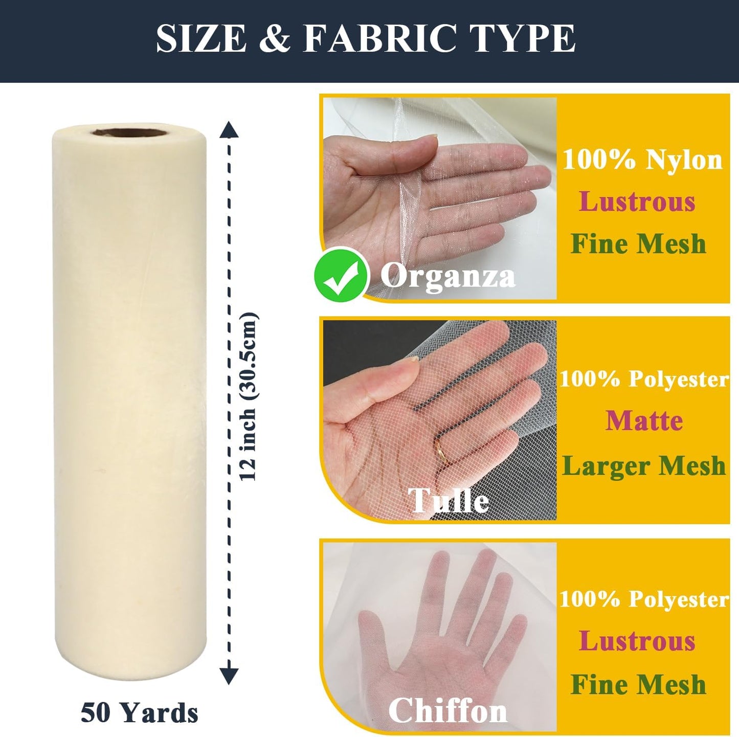 Ivory Organza Tulle Fabric Rolls, Crystal Organza 12" by 50 Yards (150 ft) Sheer Nylon Silky Shiny Netting Spool Bolt for DIY Craft Table Runner Wedding Baby Shower Party Decor (Ivory)