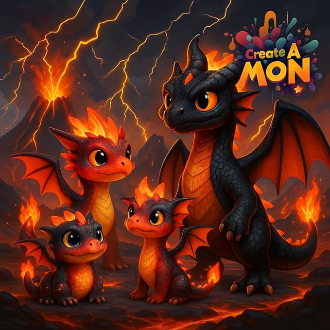 A to Z 3d Printing Create-A-Mon FIRE Premium Paint Kit, Pyryu Monster Model Set, 3 Character Models, 24 Acrylic Paints, 4 Brushes, Arts & Crafts Activity for Family Fun