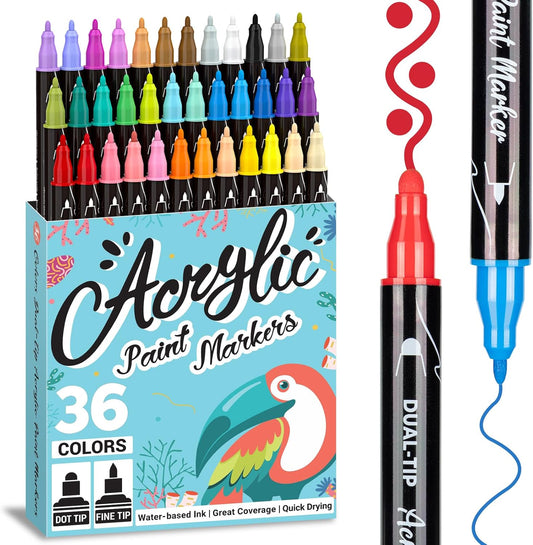 Dual Tip Acrylic Paint Pens 36 Colors Markers Set, New Acrylic Paint Markers, Art Supplies Set for Adults, Kids, Teen, Suitable for fabric, rock, wood, glass, ceramic and other DIY crafts