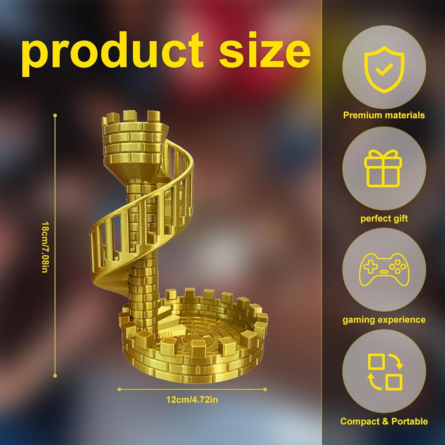 Castle Dice Tower with Tray, Dice Rolling Tower and Tray for Dungeons and Dragons for Board Game, Sci-Fi, War, Crime Theme Tabletop Games(Gold)