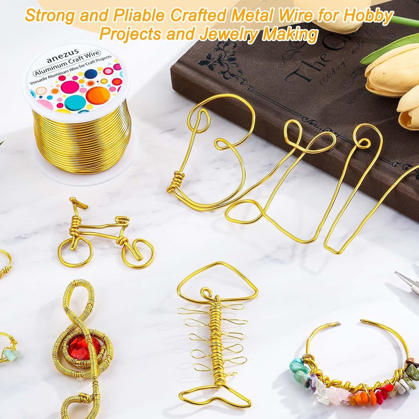 Anezus 12 Gauge Craft Wire Bendable - 2mm Metal Armature Sculpting Wire for Crafting, Wreath Making, Jewelry Making, Beading, Floral (Golden, 100 Feet)