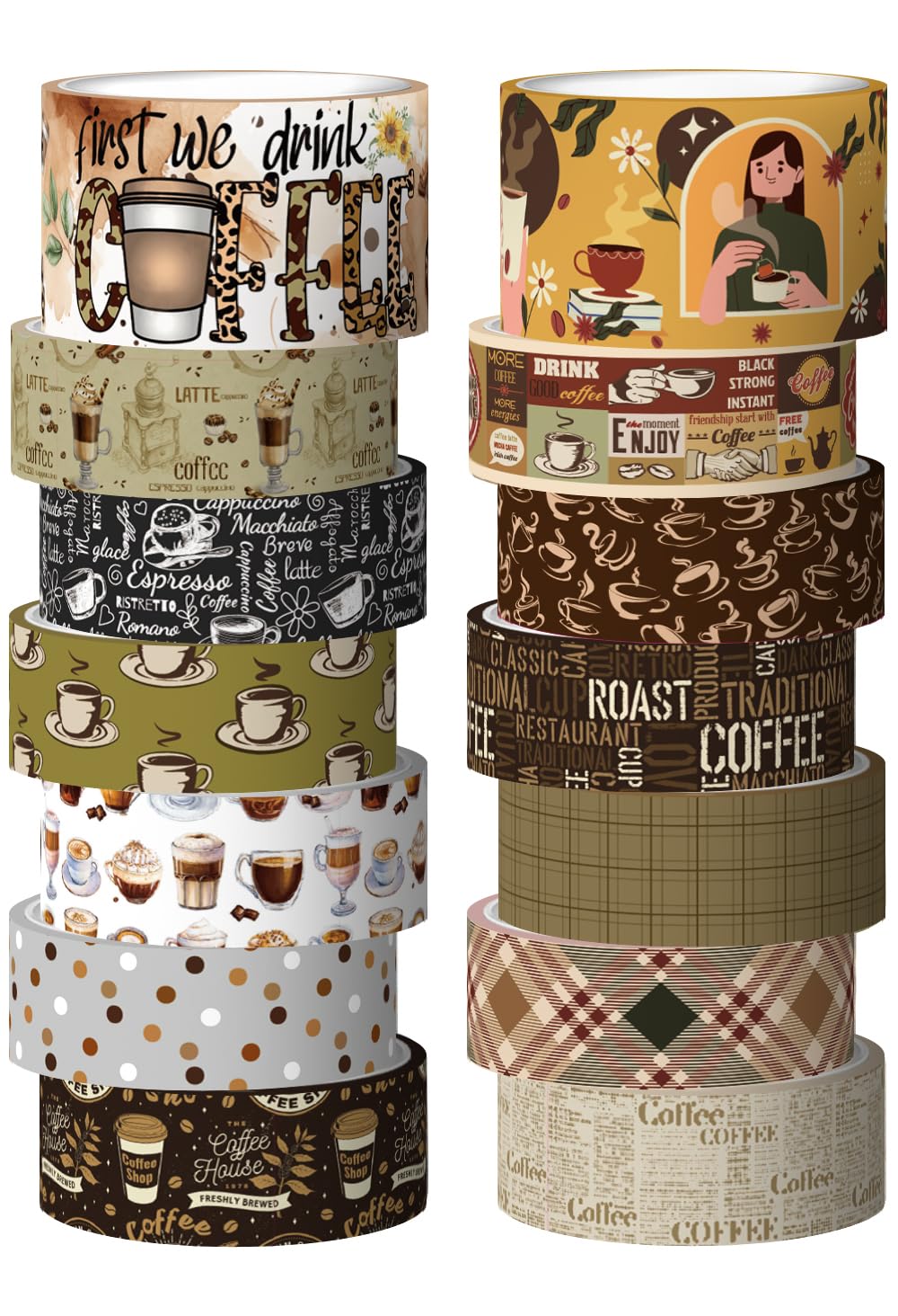 Coffee Themed Washi Tape Set, 14 Rolls Vintage Crafts Tape, Art Decorative Tape for Scrapbooking Supplies, Junk Journal, Bullet Journaling, Vision Board Supplies