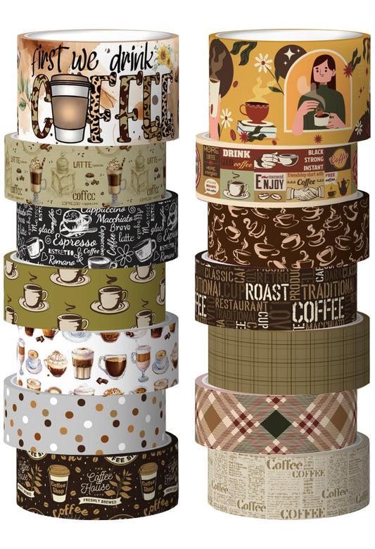 Coffee Themed Washi Tape Set, 14 Rolls Vintage Crafts Tape, Art Decorative Tape for Scrapbooking Supplies, Junk Journal, Bullet Journaling, Vision Board Supplies