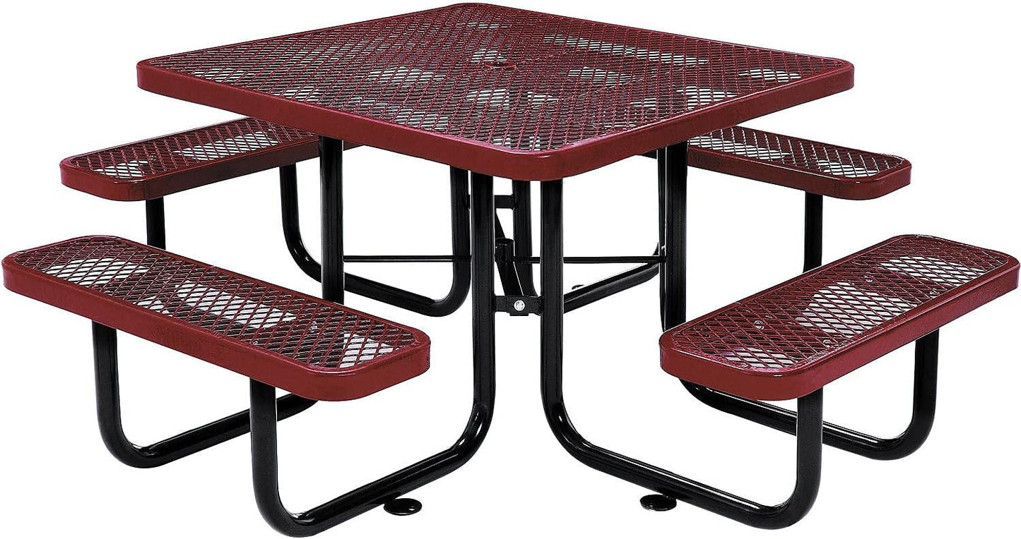 Global Industrial 46" Square Picnic Table, Expanded Metal, Red Thermoplastic Coating, Attached Benches, 1-1/2” Umbrella Pole Hole, Outdoor-Rated, 1000 lb Capacity