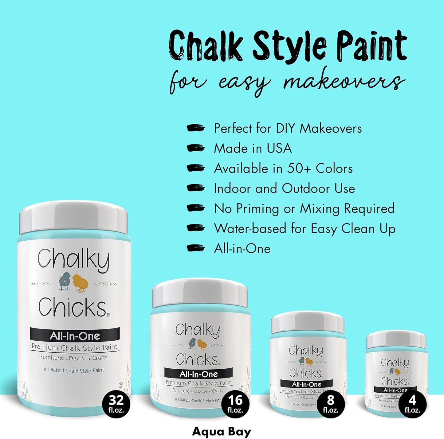 Chalky Chicks All-in-One Chalk Paint for Furniture or Cabinet - 4 Fl Oz - Matte Finish Aqua Bay (Aqua Blue) for Metal, Wood Furniture Paint - No Sanding All-in-One for Home Decor & Crafts, USA Made