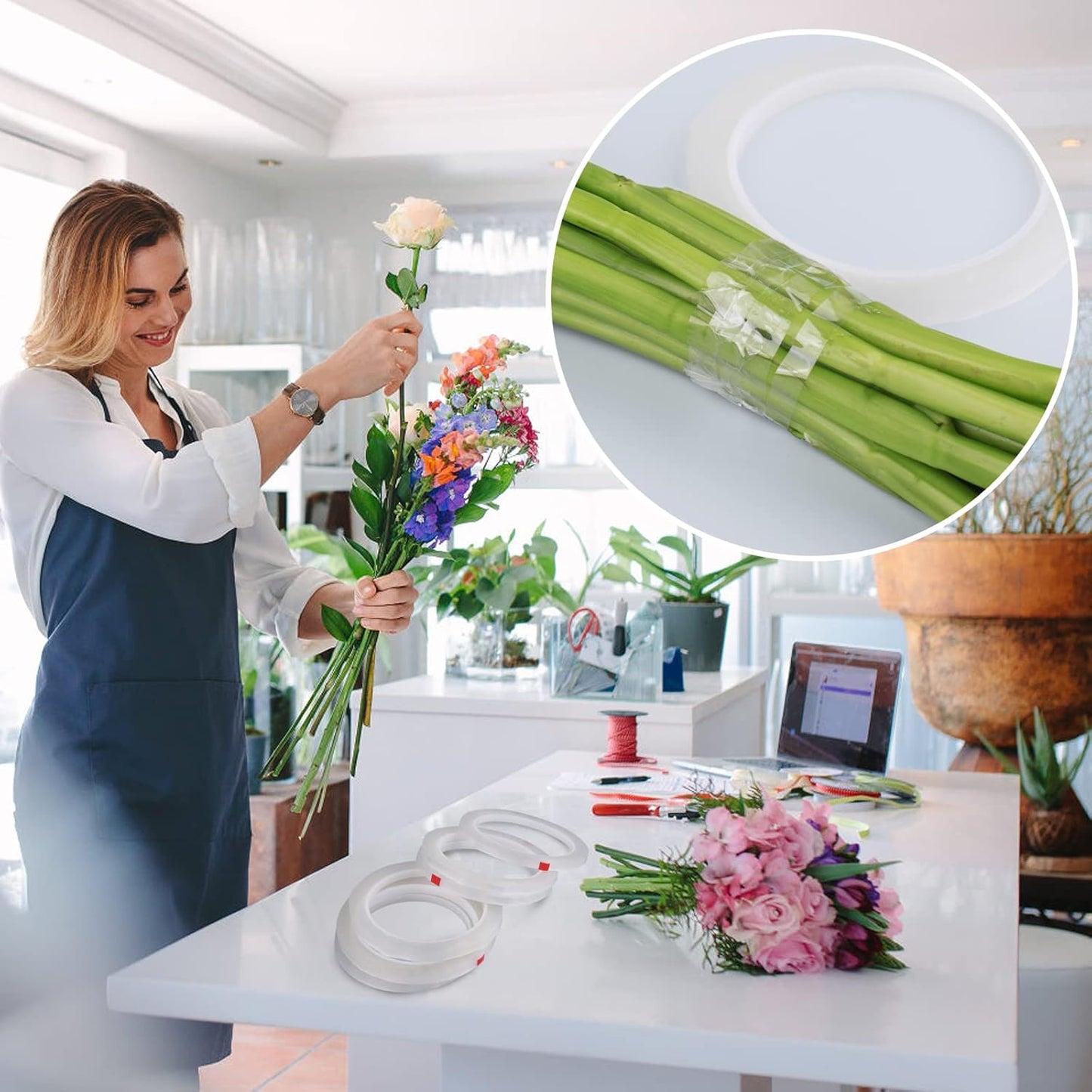 GLAMFIELDS 6 Rolls 1/4" Floral Tapes, Clear Floral Tape, White Floral Tape for Bouquet Stem Wrap, Waterproof Florist Tape for Flower Arrangements Supplies Craft Corsages Wedding 60 Yd/Roll