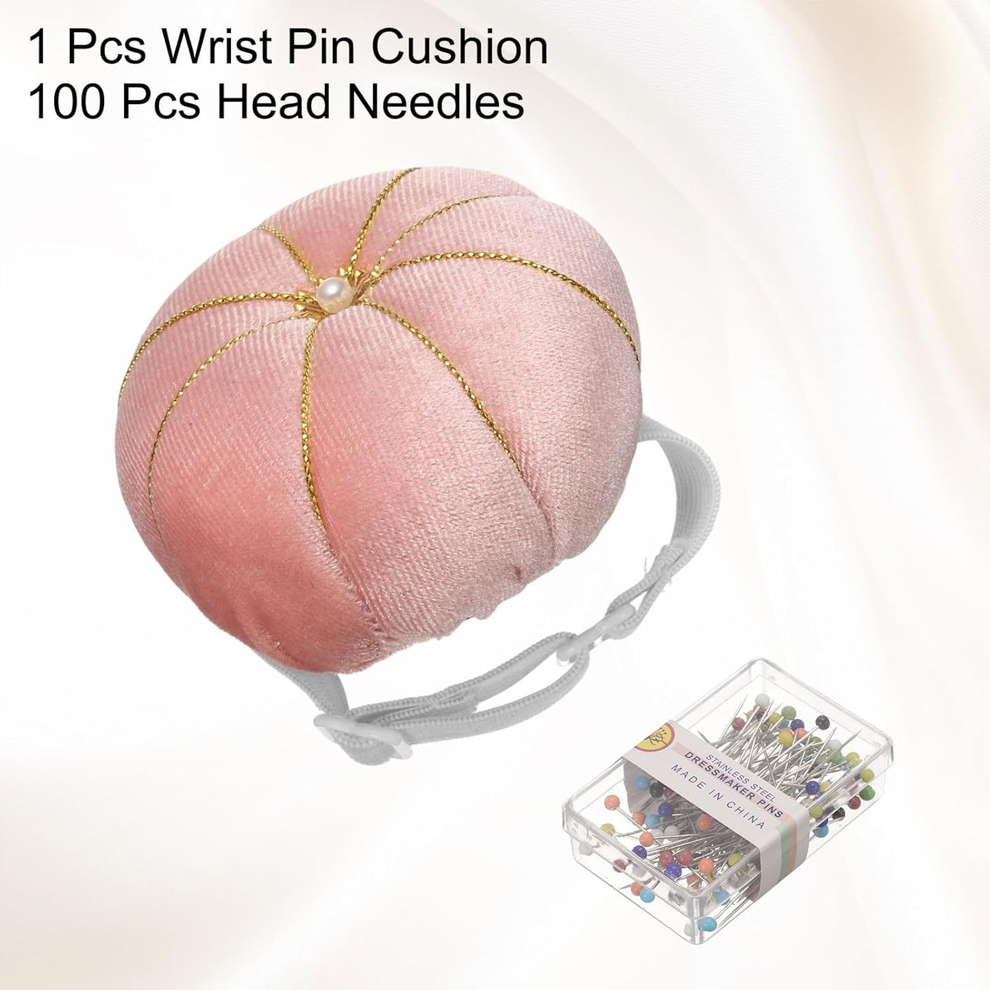 HARFINGTON Wrist Pin Cushion Wristband Sewing Pincushion Polyester Pin Holder Wearable Pumpkin Shaped Needles Wristband with 100 Head Needles for Sewing Quilting DIY Crafts, Pink