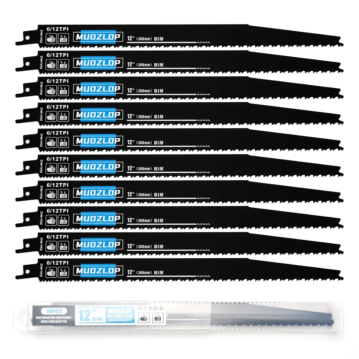 10Pack 12 inch Reciprocating Saw Blades Set,6/12TPI High Carbon Saw Blades, Woodcutting Saw Blades with Organizer Case (10, 6/12TPI/300mm)