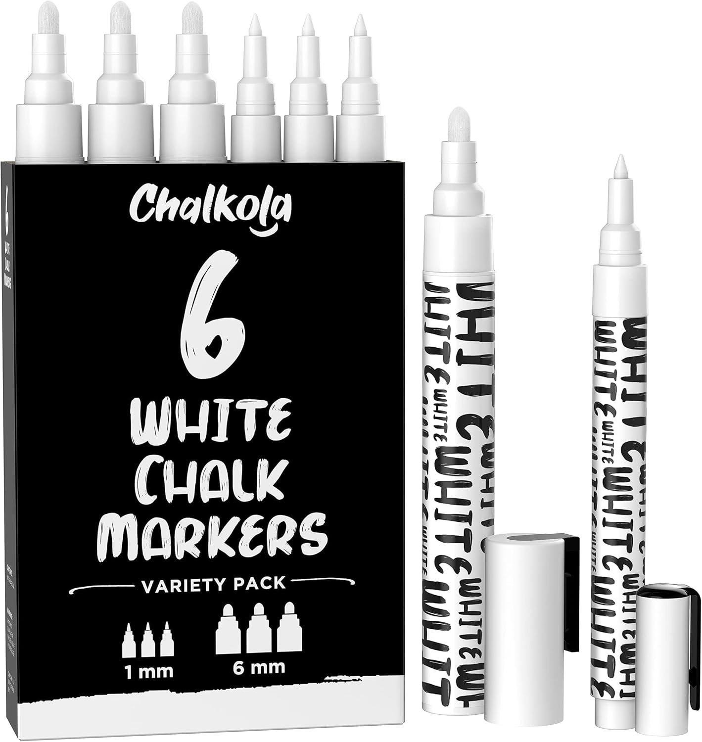 Chalkola White Chalk Markers - White Dry Erase Liquid Chalk Pens for Chalkboard, Blackboard, Window, Bistro, Car Glass, Board, Signs - Variety Pack of 6 - (3x) 1mm & 6mm