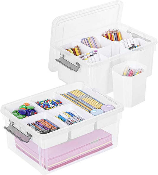 Citylife 17 QT Plastic Storage Box with Removable Tray and 6 Detachable Tall Inserts Craft Organizers and Storage Clear Storage Container for Organizing Crayon, Craft, Sewing, Playdoh, 2 Packs