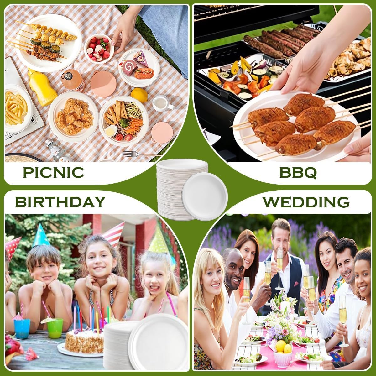 9 inch Plates Disposable Heavy Duty 150 Pack Leak Proof 100% Compostable Dinnerware Round White Paper Dishes Bagasse Made for Dessert, Parties, Wedding and BBQ (9 Inch)