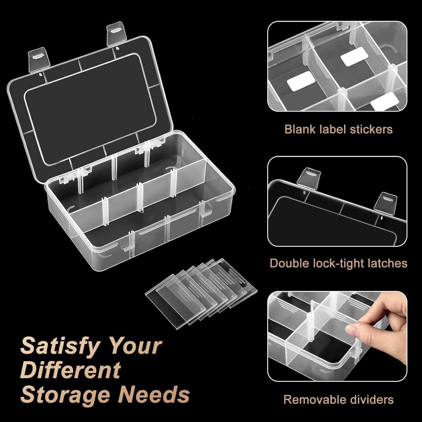 4 Pack 8 Grids Bead Organizer and Storage, Clear Plastic Storage Containers with Removable Dividers and Labels Small Tackle Box Organizer for Jewelry Crafts Electronics Small Parts