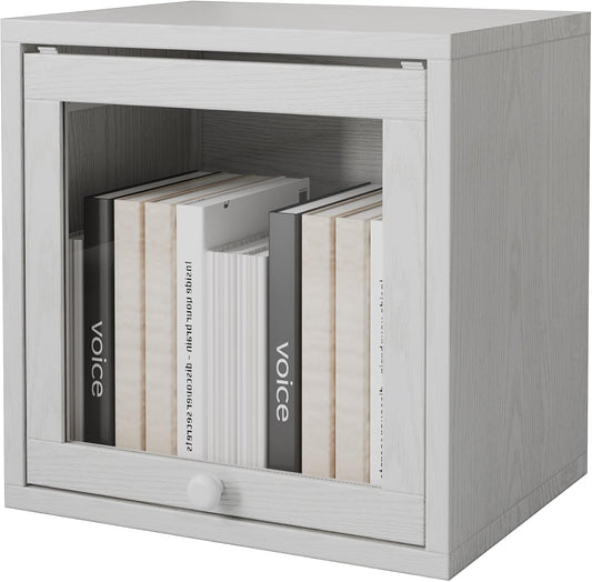 FUSUNBAO Magic DIY Cube Storage Organizer Stackable Cubes for Home Books Clothes Toy-Modular Cubby Storage System-Office Cubical-Bookcase Closet(Pure White-Washed, Glass Door Cube)