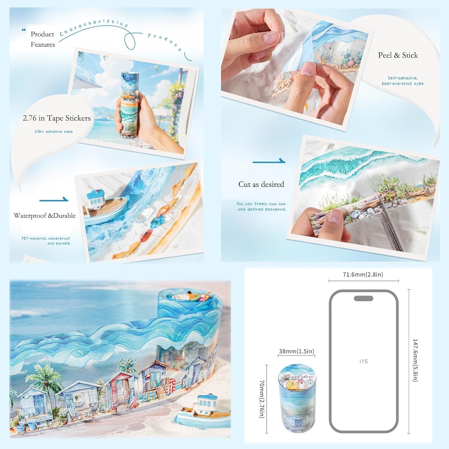 6 Rolls PET Tape Stickers for Journaling,Ocean Washi Tape Stickers for Scrapbook Supplies,Junk Journal,DIY Craft,Painting(Coast)