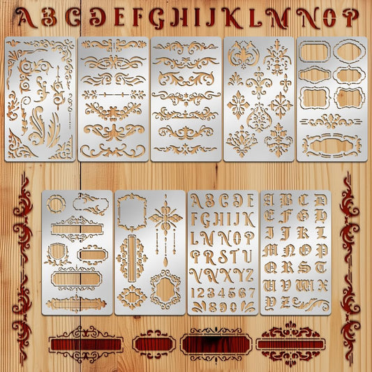 9PCS Metal Stencils Wood Burning Stencil Journal Border Stencils Letter Stencil Engraving Templates for Painting Scrapbooking Bookmark Flower Vines DIY(4 x 7 Inch)
