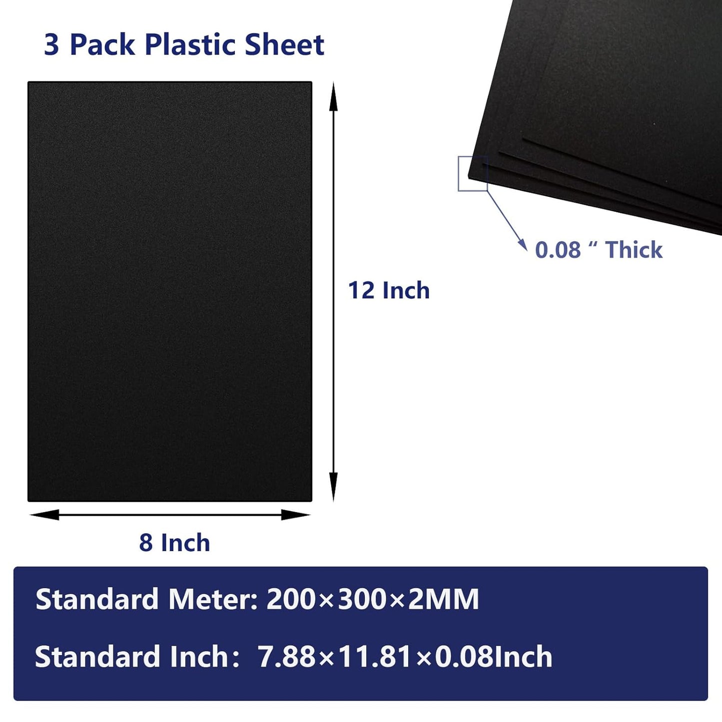 3 Pack Black Plastic Sheet 8x12x0.08 in Flexible High Tensile Plastic Sheets Black Plastic Panel for DIY Materials Handicrafts Home Decoration