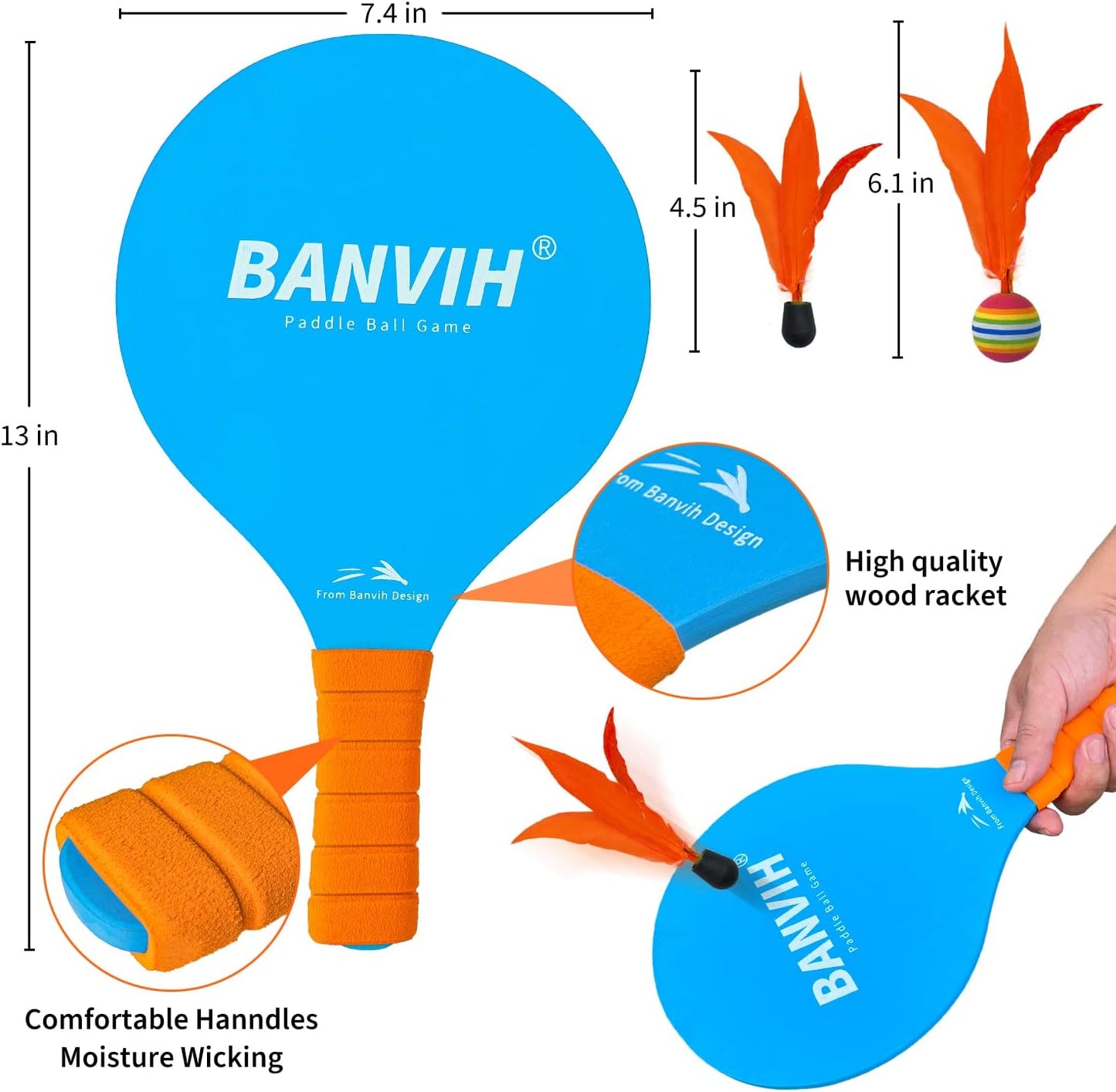 Banvih Badminton Set 4 Rackets, Paddle Ball Outdoor Games Christmas Stocking Stuffers for Kids Teens Adults and Family, Sports Beach Toys - for Yard, Lawn, Camping Games Essentials
