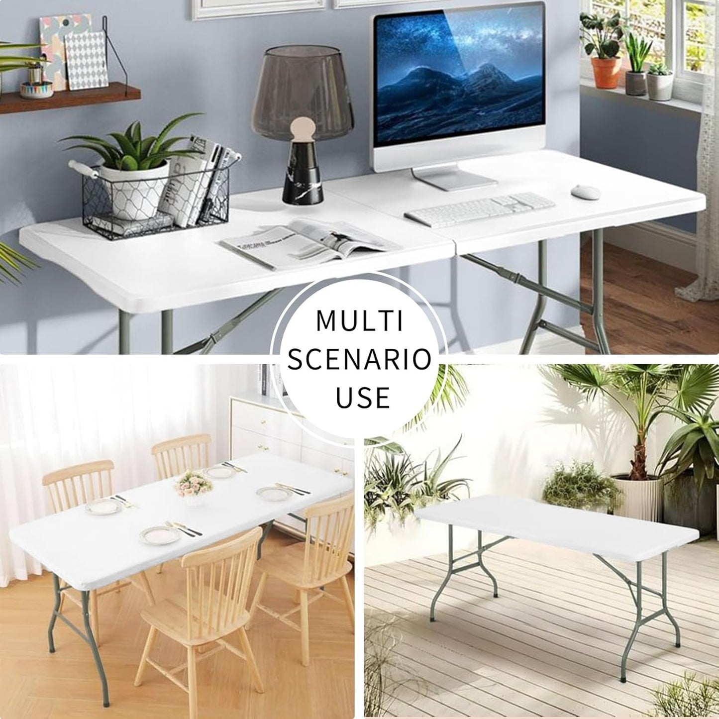 Folding Tables with Carrying Handle Heavy Duty Rectangular Portable Plastic Camping Table Steel Legs for Party, Dining, Wedding, Events, Picnic Indoor, Outdoor (8FT, White)