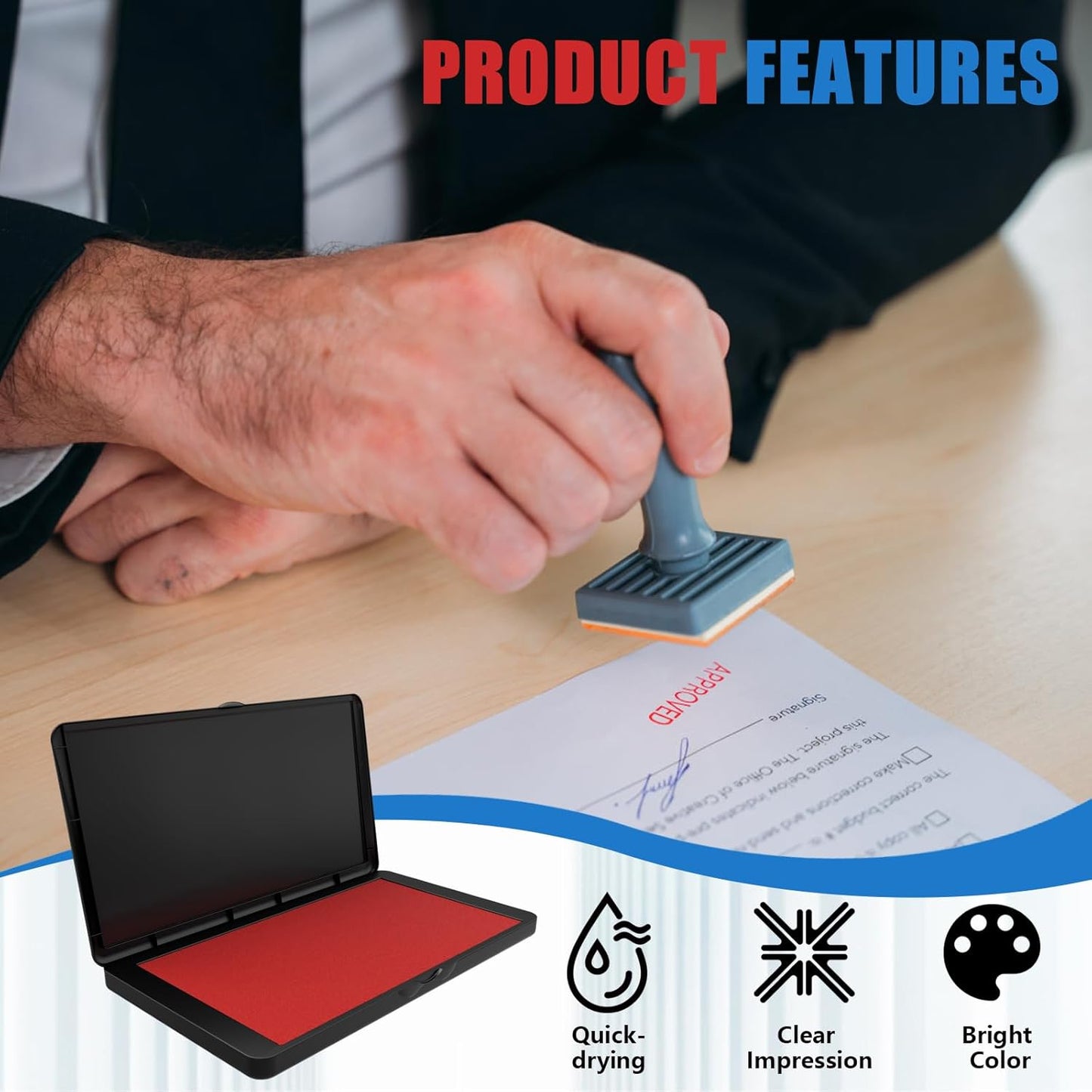 Large Stamp Pad, 6.1 x 3.4 Inch Red Ink Pad Premium Quality Felt Pad Rubber Stamp Ink Pad for Office, Home