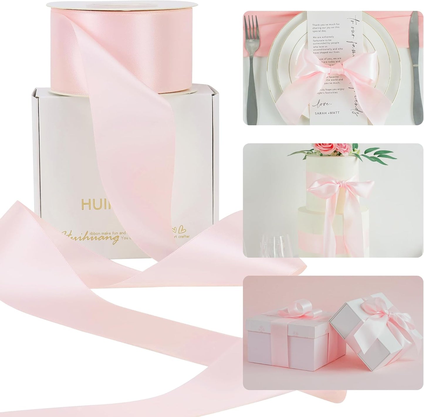 HUIHUANG Pink Ribbon 2 inch Wide Double-Faced Baby Pink Satin Silk Ribbon for Flower Bouquet Wrap, Baby Shower, Wedding Decor, Gift Wrapping, Hairs, Hats, Crafts and Bows Making- 25 Yards/Roll