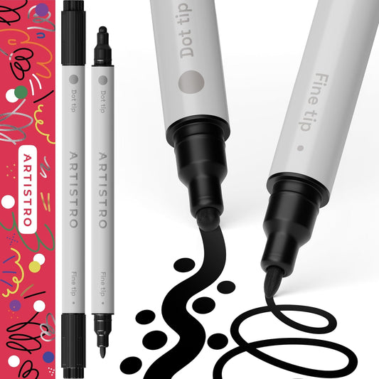 ARTISTRO 2 Black Dual-Tip Acrylic Paint Pens - Multisurface Markers for Glass, Rock, Fabric, Wood, Plastic & More - 5mm Dot + 1mm Fine Tips