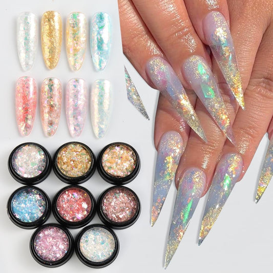 Holographic Mermaid Nail Art Glitter Iridescent Flakes, 8 Colors Aurora Irregular Ice Slag Opal Nail Foil Flakes Ultra-Thin Paillettes Glitter Sequins for Gel Polish Nail Art Decoration, Resin Craft