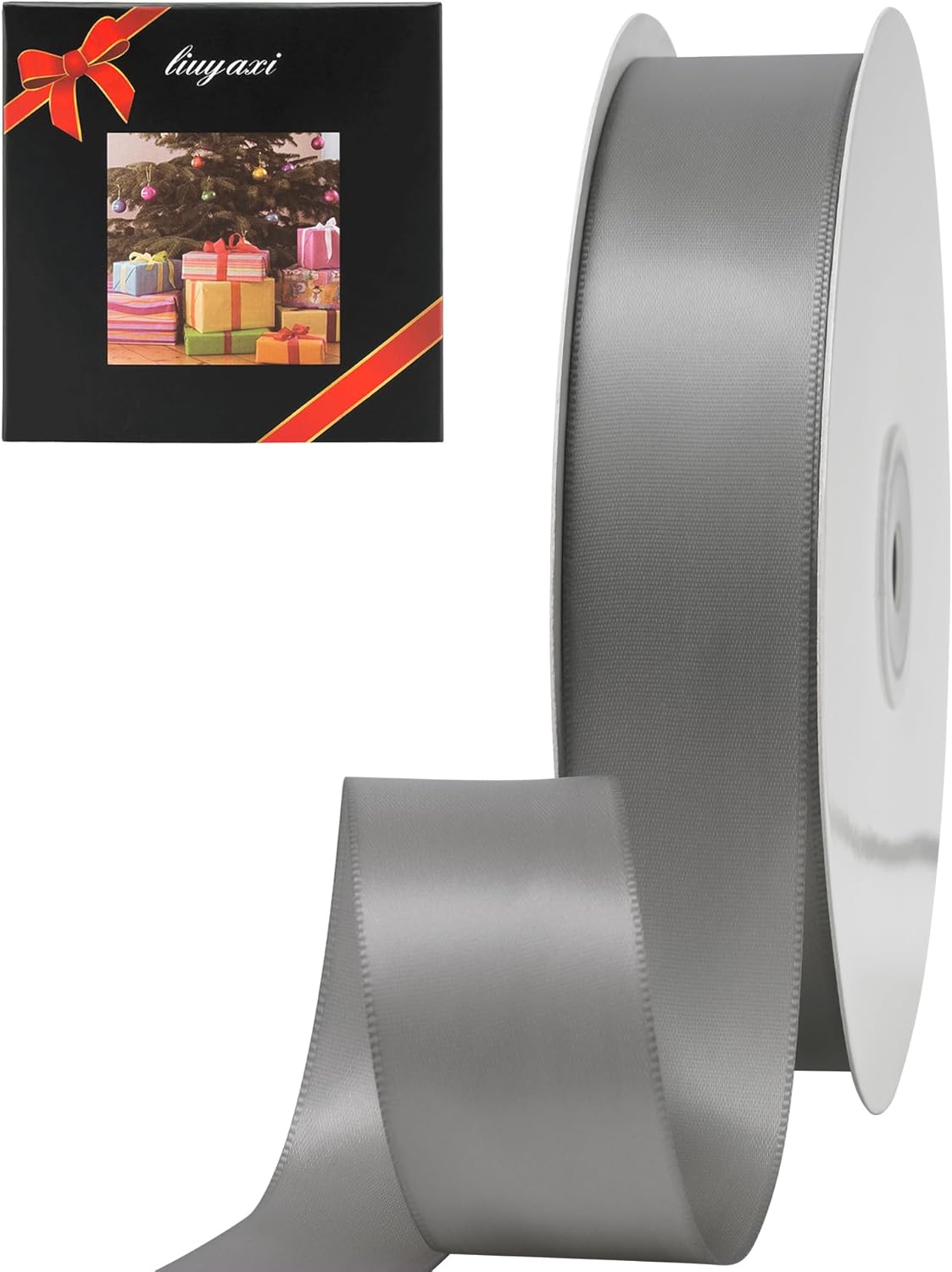 LIUYAXI Silver Stain Ribbon, 1" X Continuous 50 Yards, Double Faced Fabric Ribbon Perfect for Gift Wrapping Wedding Birthday Party Chair Sash Christmas Hair Floral Craft Sewing