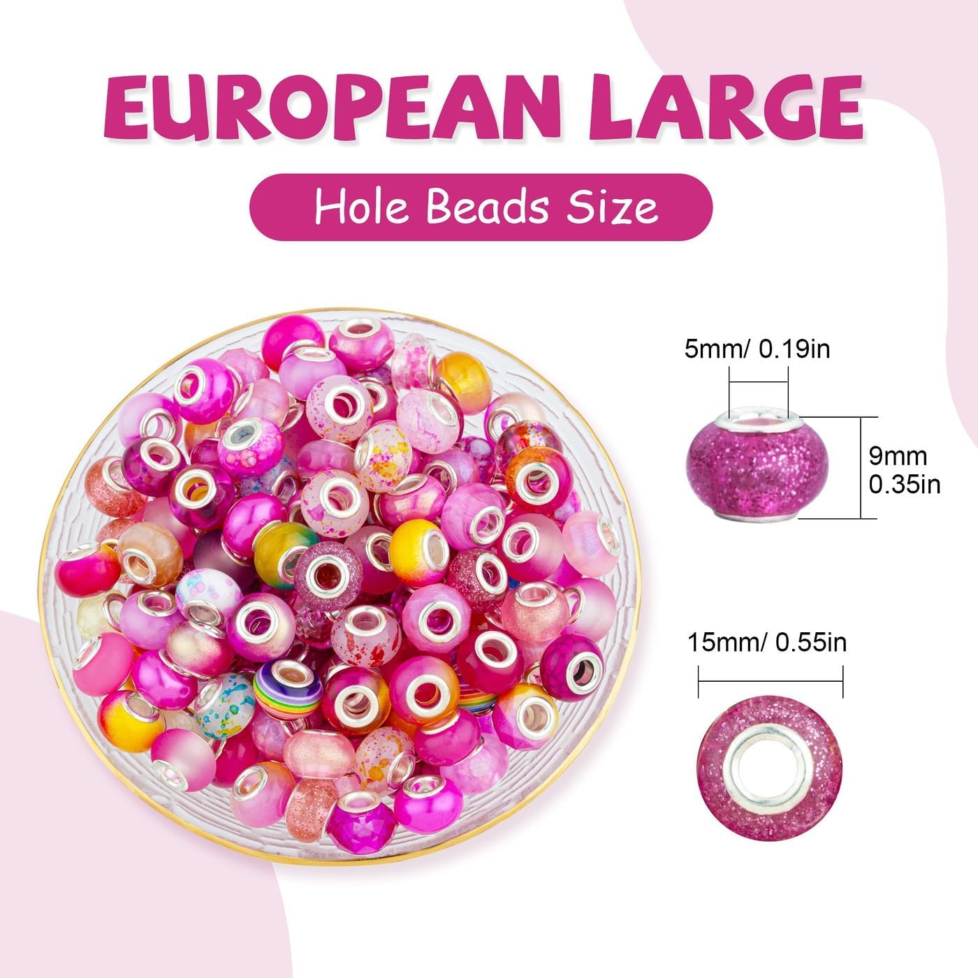 LAIDANLA Rose Mix Large Hole Beads，100pcs 15mm European Large Hole Beads Bulk for Bracelet Pens Jewelry Making Spacer Charms Craft Beads Decoration