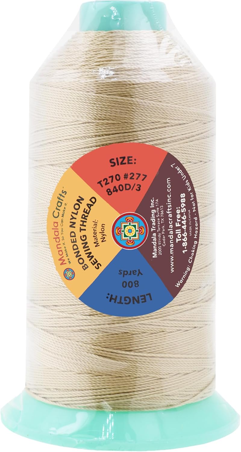 Mandala Crafts Bonded Nylon Thread Cream Heavy Duty Sewing Threads - 800 YDs Size 277 840D T270 Tex 270 Thread for Leather Jeans Weaving Outdoor Marine Upholstery Threads