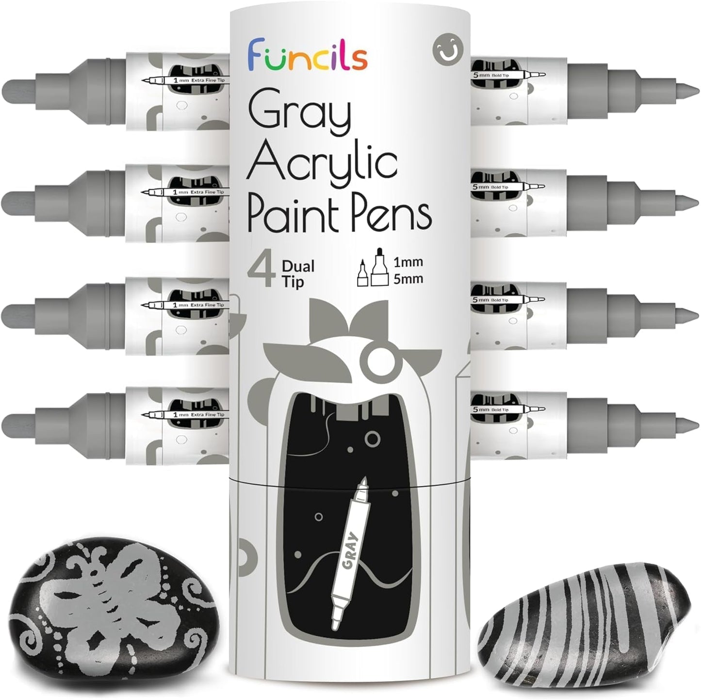 4 Dual Tip Gray Paint Pen Metallic - Fine Tip & Medium Acrylic Paint Markers - Gray Marker for Metal, Wood, Rock Painting, Canvas, Ceramic, Glass, Fabric, Leaf and Plastic - Water-based Ink