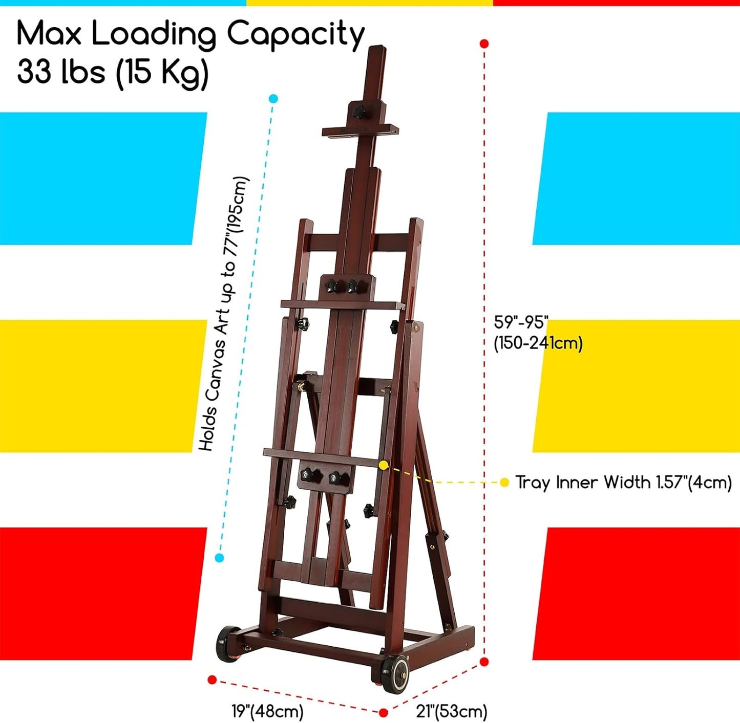 MEEDEN Multi-Function Studio Easel,H-Frame Easel,Painting Easel for Adults,Artist Easel,Floor Easel,Solid Beech Wooden Easels w/Front Wheels,Holds Canvas Art up to 77" - Walnut