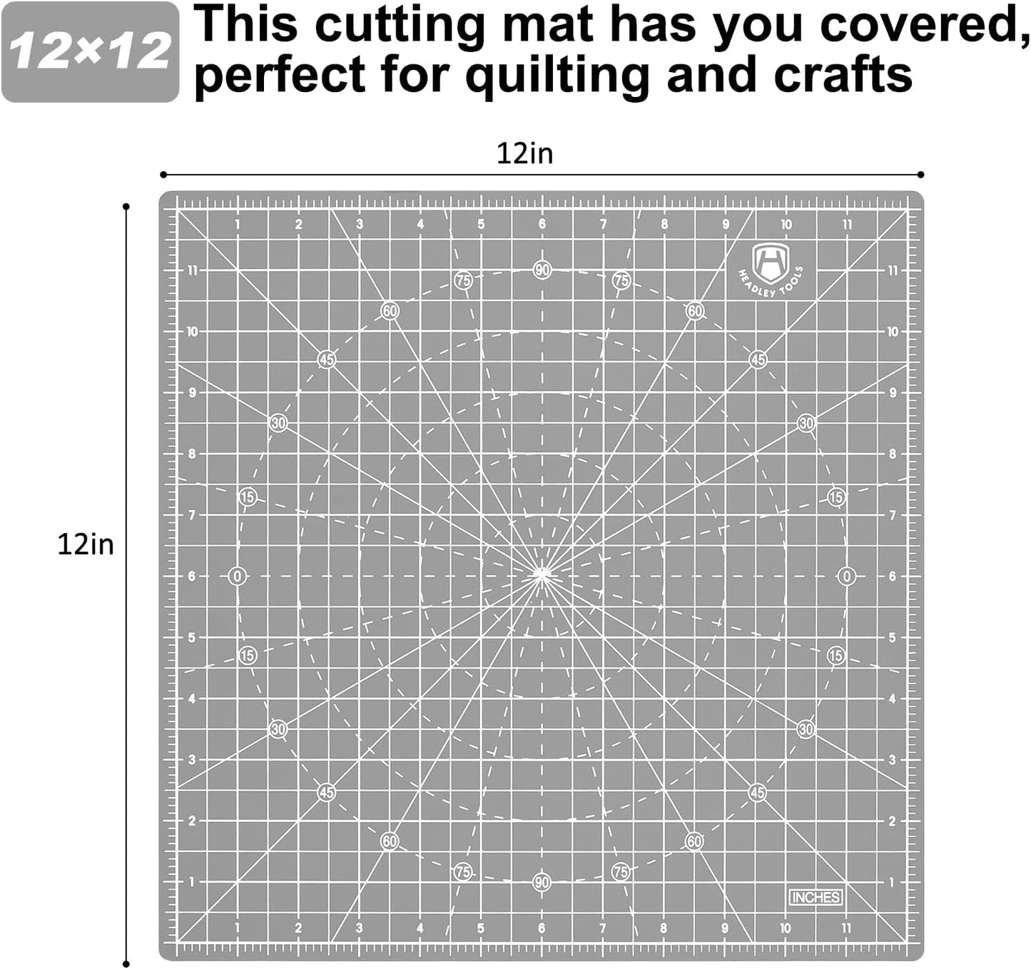 Headley Tools 12"x12" Rotating Cutting Mat, Self Healing Mat with 360-Degree Rotation & Anti-Slip Base, Sewing Board Cutting Mat Perfect for Fabric Quilting Leather Hobby Project, Grey